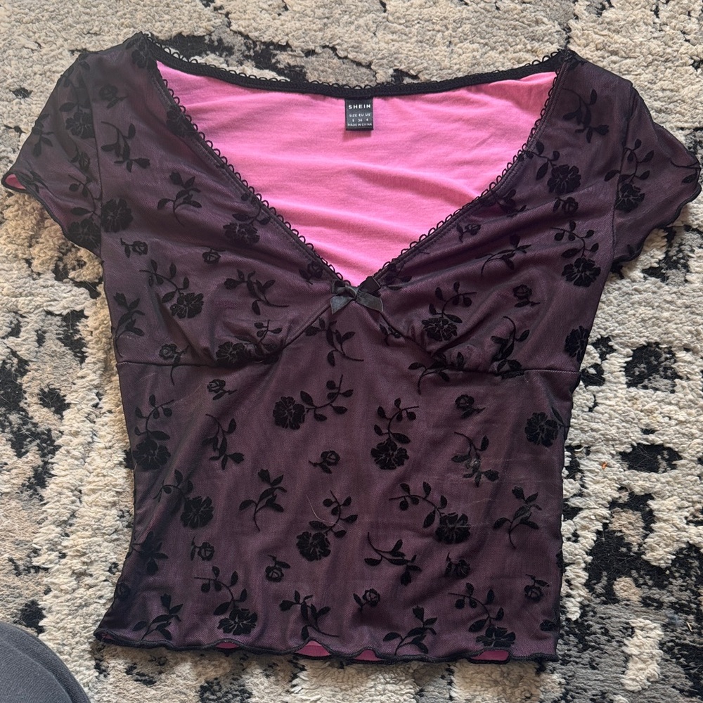 Floral Mesh Black and Pink Top
